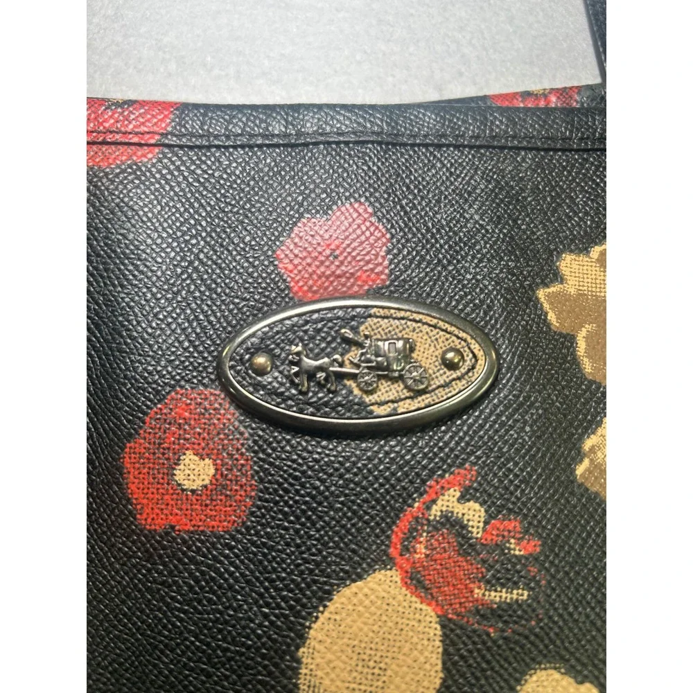 Coach City Tote Womens Large Black Red Gold Floral Print Crossgrain Leather Bag